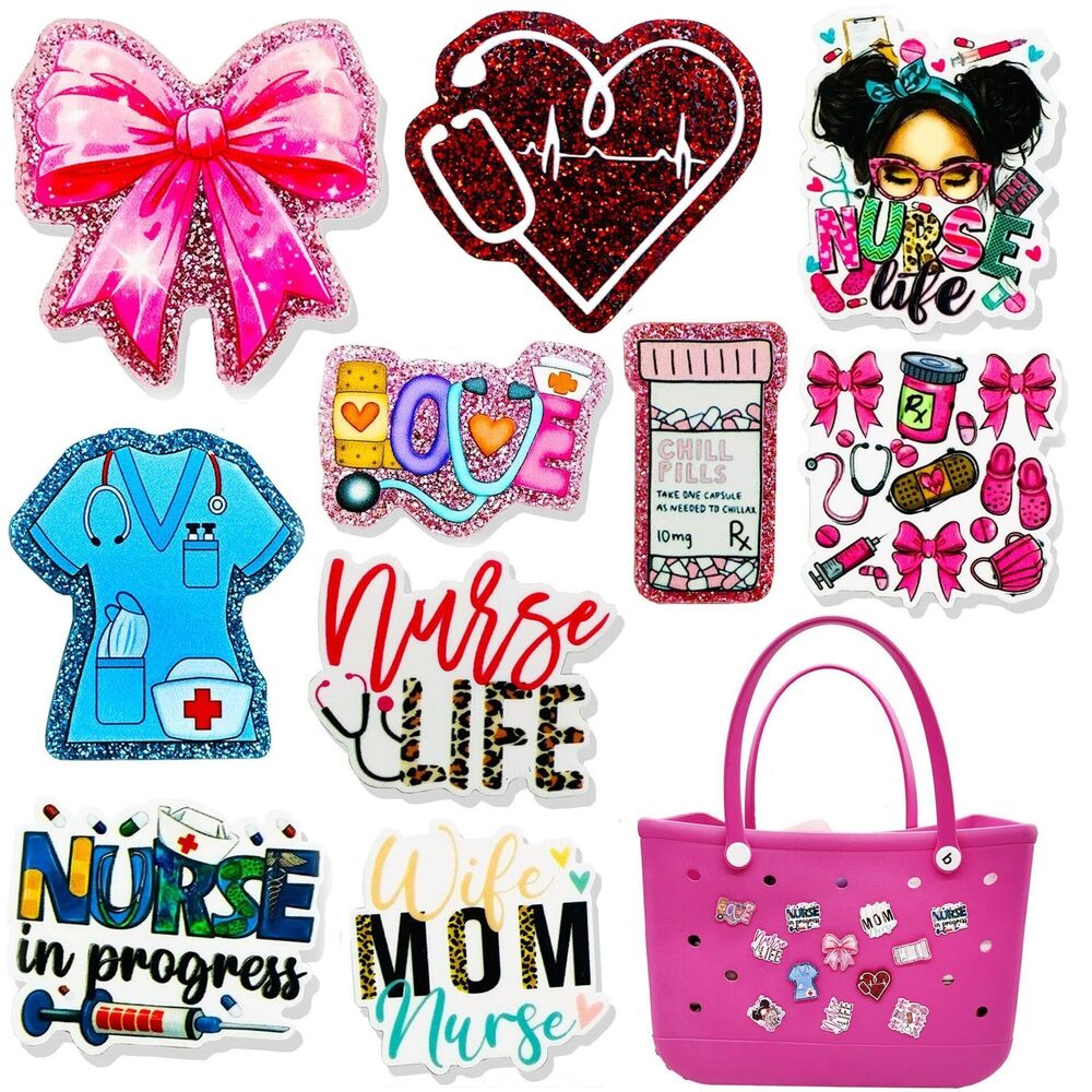8143 10pcs Charms for Bogg Bag, Acrylic Nurse Life Pendant, Bling Bag